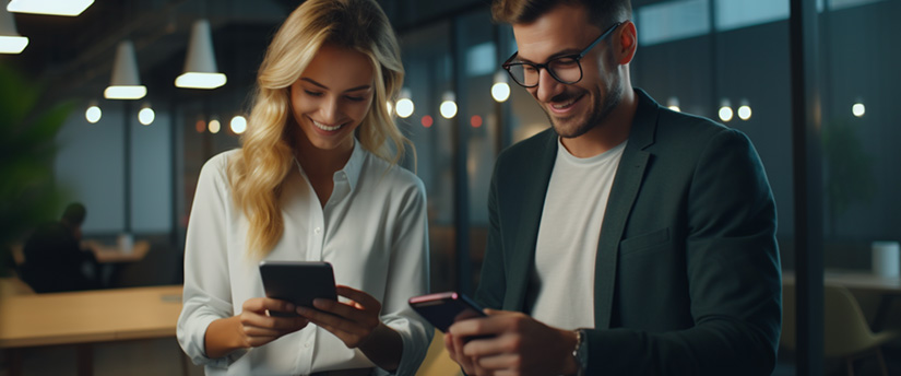 Two traders holding mobile devices demonstrate the accessibility and real-time trading capabilities offered by a forex broker. 