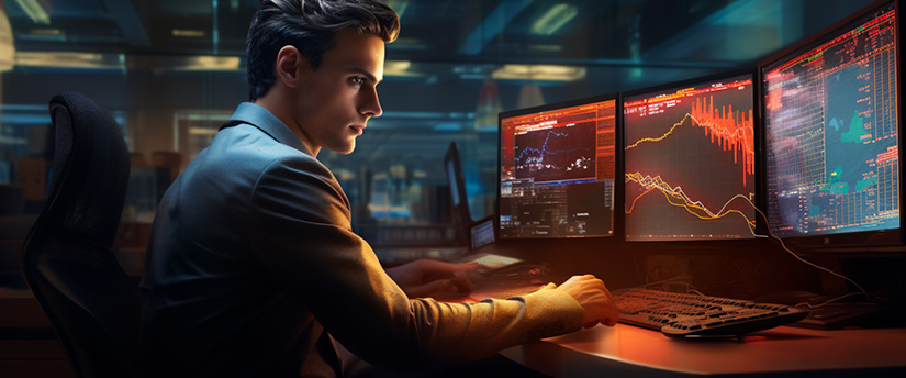 A banker intently examining three monitors displaying forex data, highlighting the significance of forex spread in financial decision-making. 