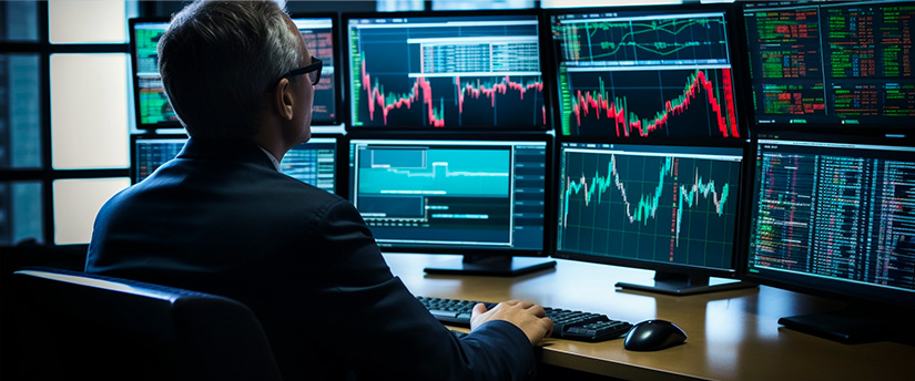 Um operador experiente gere o risco numa secretária com vários ecrãs que apresentam informações sobre o mercado de acções.