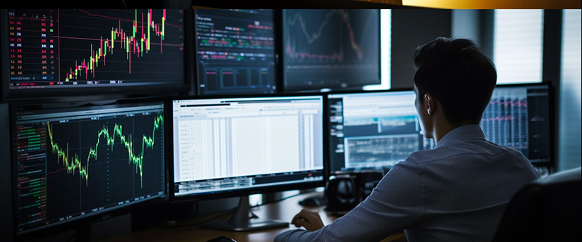 Trader experto en Forex analizando datos bursátiles en varios monitores en su escritorio.