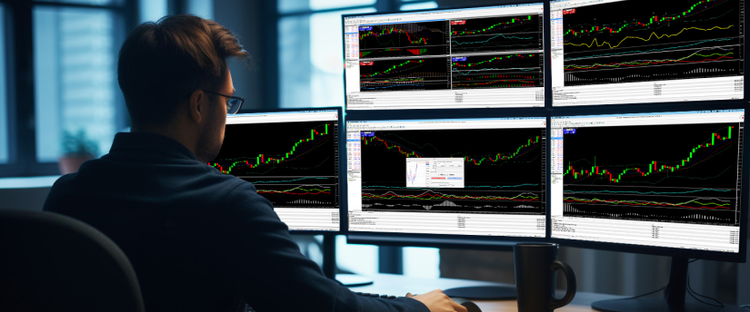 A successful male trader using AI technology to analyze trading indicators on multiple screens at his desk. 