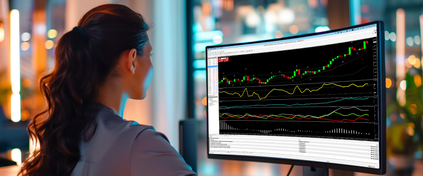  A woman analyzing a trading chart on a computer screen.