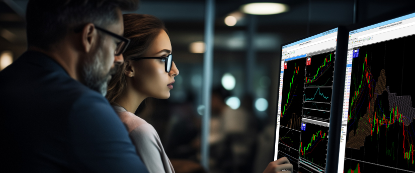 A man seated at a desk, focused on a computer screen displaying a stock market chart and financial data.