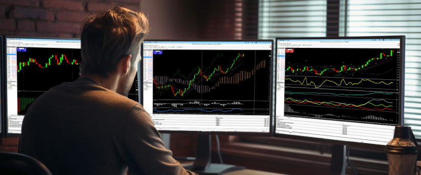 Un homme assis à un bureau, analysant trois écrans qui affichent différents indicateurs de trading pour une meilleure compréhension du marché.