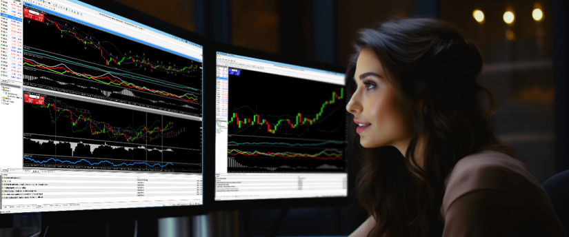 A woman analyzing trading indicators displayed on two computer monitors in a focused environment.
