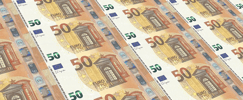 A stack of 50 euro banknotes arranged neatly on a clean white background, showcasing their vibrant colors and design.
