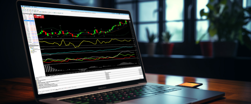 A person trading forex on a laptop, analyzing charts and market trends in a focused workspace.
