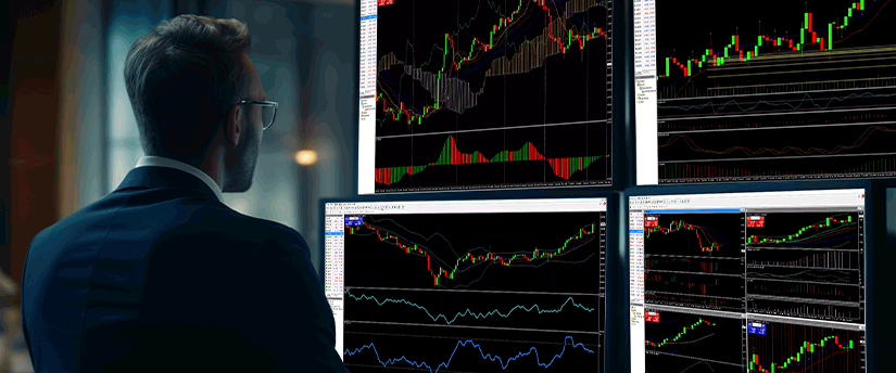 Un homme en costume observe plusieurs écrans remplis d’indicateurs de trading, concentré sur l’analyse du marché.