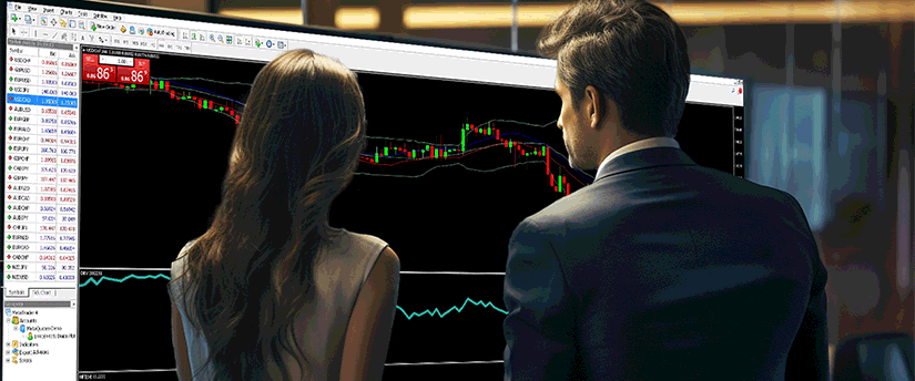 Um homem e uma mulher analisam uma imagem do mercado de ações exibida no ecrã de um computador, envolvidos numa discussão.