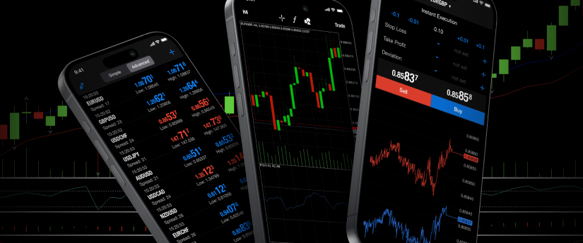 Trois smartphones affichant différentes applications de trading sur leurs écrans, mettant en valeur diverses interfaces utilisateur et fonctionnalités.