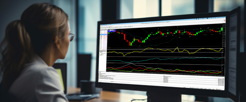 A man at a desk with two monitors displaying various stock market graphs and data analysis.
