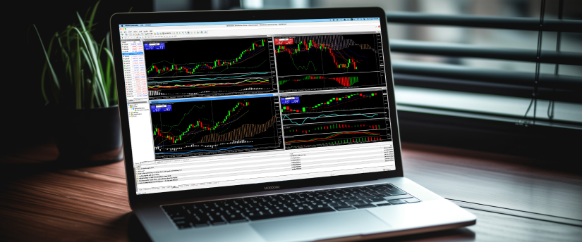 여러 개의 화면이 있는 노트북으로, 각각 다른 거래 플랫폼이 표시되어 효과적인 시장 모니터링과 거래가 가능합니다.