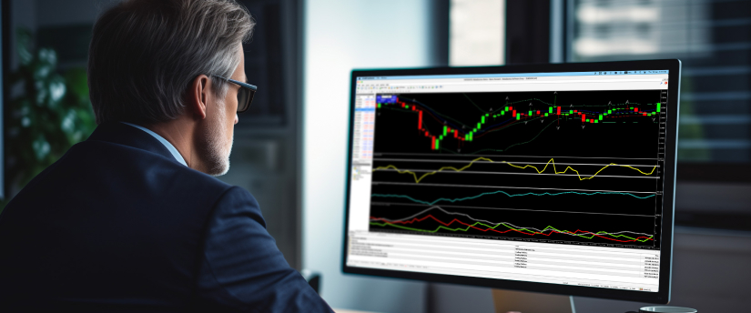 정장을 입은 남성이 컴퓨터 화면의 주식 차트를 분석하며 금융 평가와 의사 결정을 수행하고 있습니다.