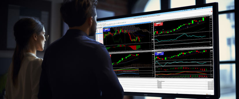Dos personas analizan un monitor que muestra varias pantallas de trading llenas de gráficos y datos.