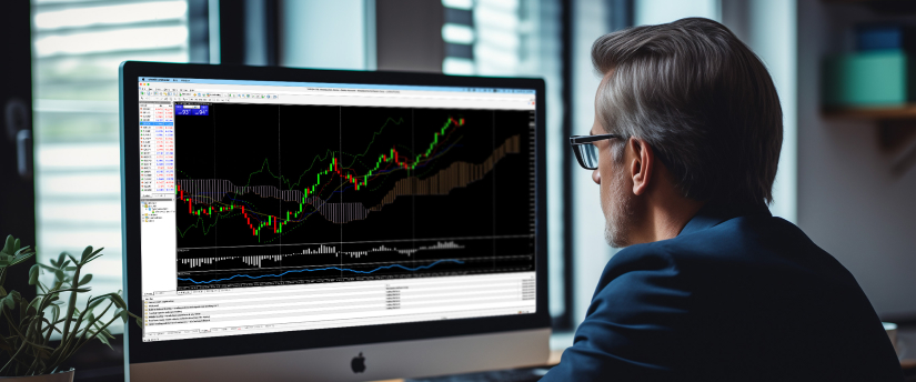 Un hombre de traje observa la pantalla de una computadora que muestra un gráfico del mercado de valores, analizando tendencias y datos.