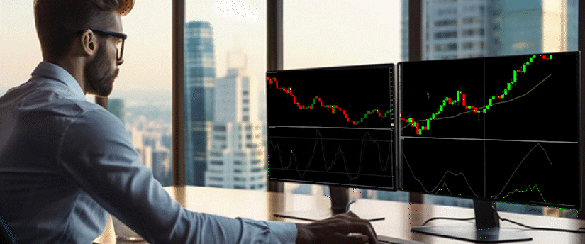 A man at a desk with two monitors displaying various stock market graphs and data analysis.