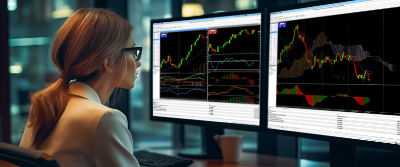 A woman at a desk with two monitors displaying various trading screens and data analysis.