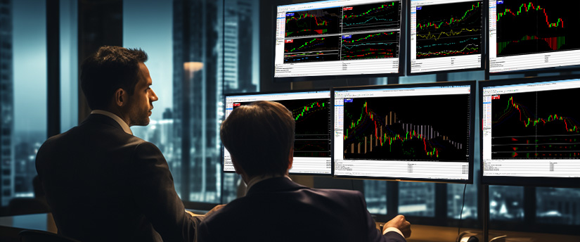 Two individuals analyzing a stock chart displayed on a monitor, engaged in discussion about market trends.