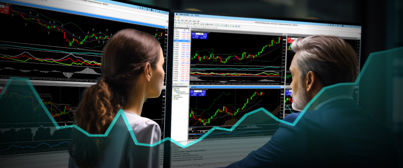Two individuals analyzing a stock market graph displayed on a computer screen, focused on financial data.