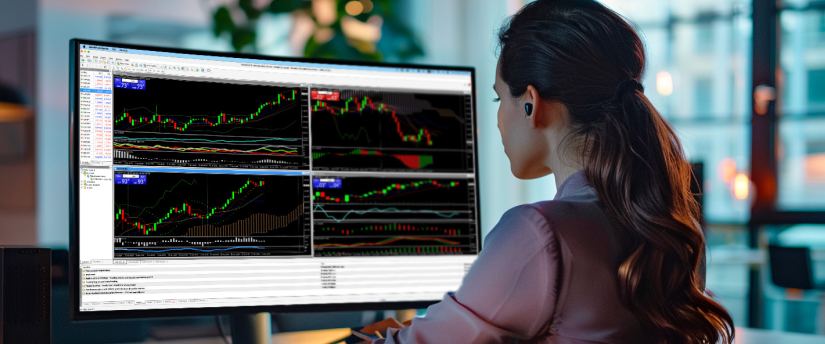 A woman analyzes a computer screen filled with multiple trading options and financial data.