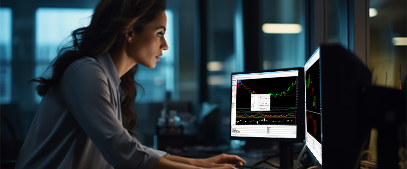 Uma mulher sentada em uma mesa, trabalhando em dois monitores de computador, concentrada em suas tarefas.