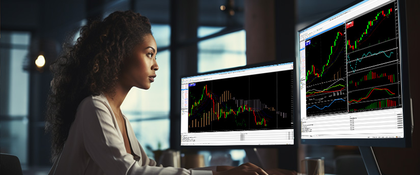 Uma mulher sentada em uma mesa, analisando gráficos do mercado de ações em dois monitores, enfatizando técnicas de gestão de risco.
