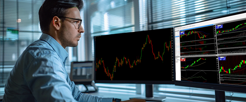 Forex trader reviewing USD/SGD currency pair market trends