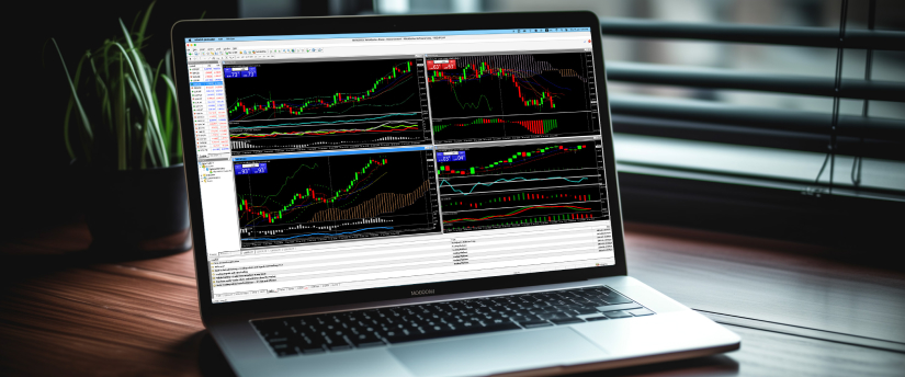 Una computadora portátil con múltiples pantallas que muestran varias plataformas comerciales y datos de mercado para análisis financiero.