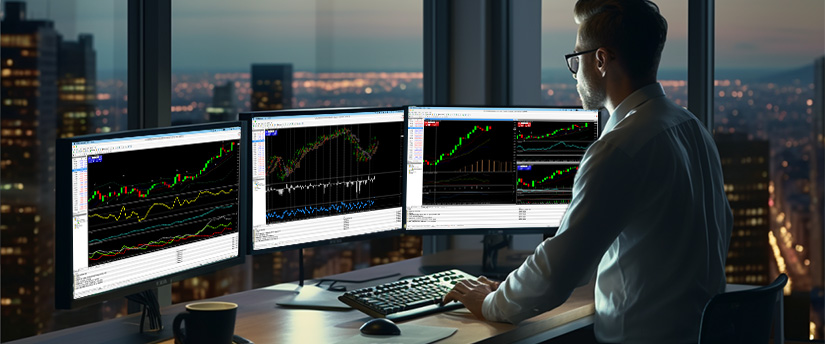 Un homme à un bureau avec trois écrans affichant divers graphiques boursiers liés au trading de CFD.