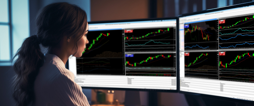 Una mujer analizando varios indicadores de trading mostrados en múltiples pantallas en un entorno concentrado.