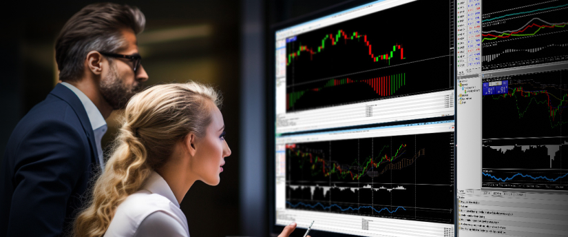 Duas pessoas estudando uma tela de computador que exibe informações de negociação de ações, discutindo estratégias e tendências do mercado.