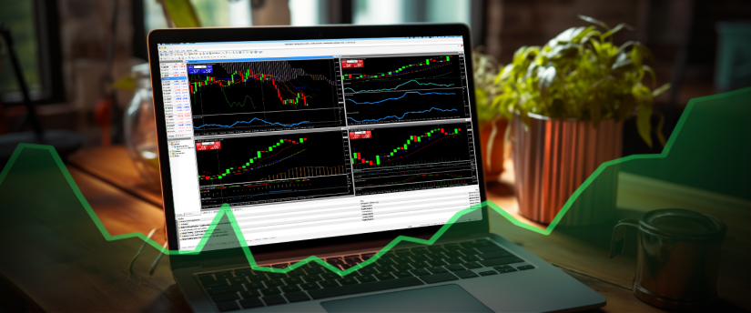 كمبيوتر محمول يعرض منصة تداول العملات الأجنبية مع الرسوم البيانية وأزواج العملات على الشاشة.