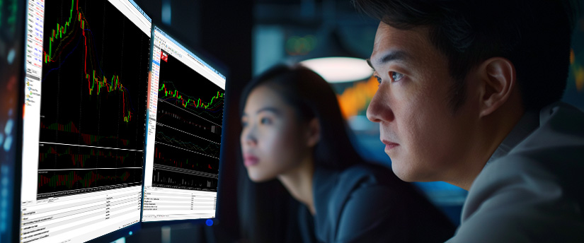 Two men analyzing a computer screen displaying a stock market graph related to forex trading.