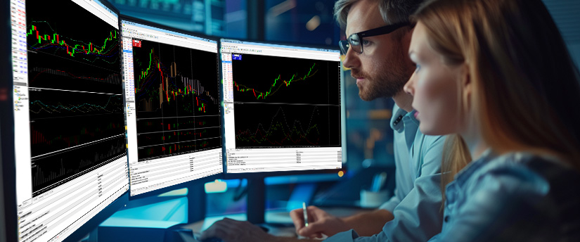 Two individuals analyzing a computer screen displaying various forex trading options at a trading school.