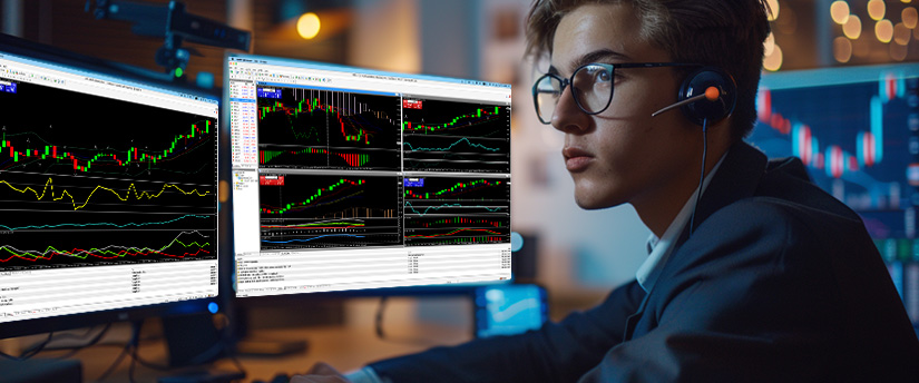 A man wearing glasses and a headset analyzes Forex data on two computer monitors in a professional setting.