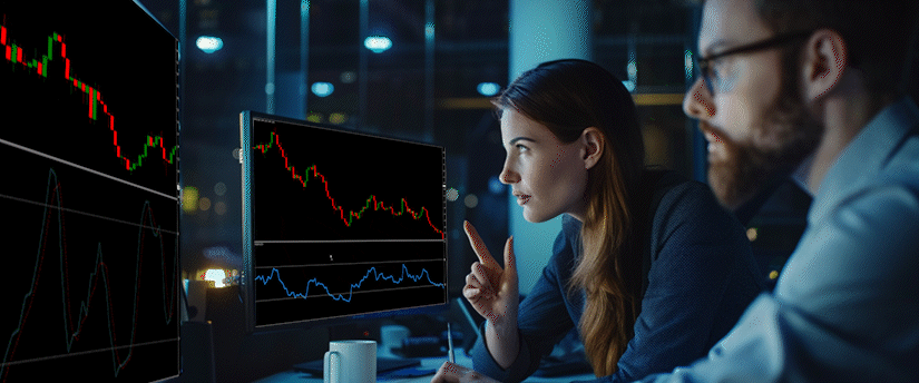 Two individuals analyzing a stock chart on a computer screen using Meta Trader 4 software.