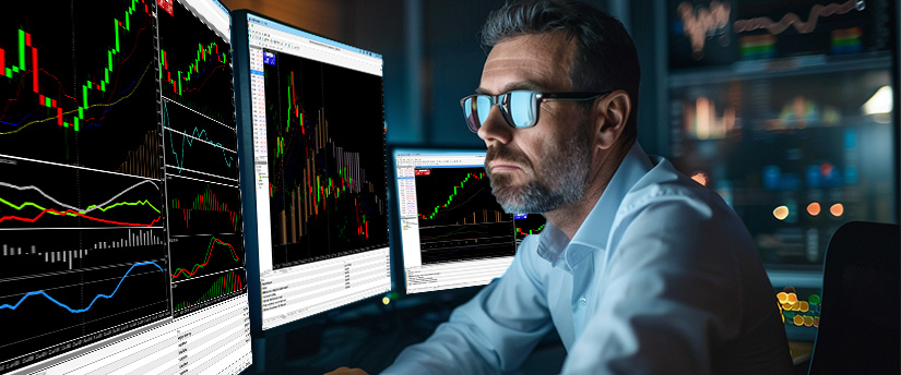 A man wearing glasses analyzes multiple computer screens displaying Meta Trader 4 trading software.