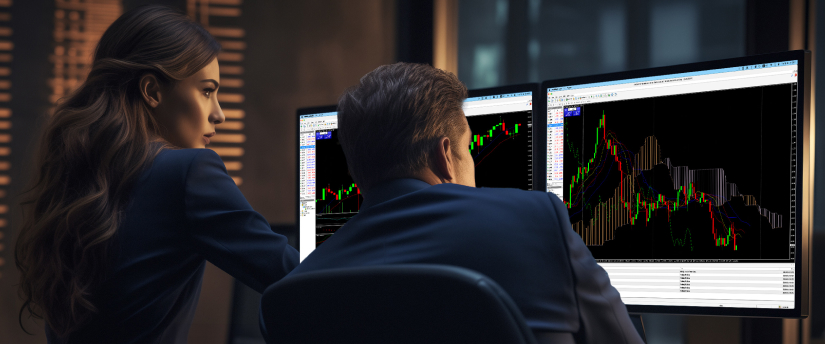 Two traders analysing demo MT4 charts on dual monitors, reviewing market movements and indicators to support trading decisions