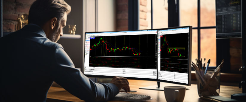 Un homme à un bureau avec deux écrans affichant différentes plateformes de trading, concentré sur son travail