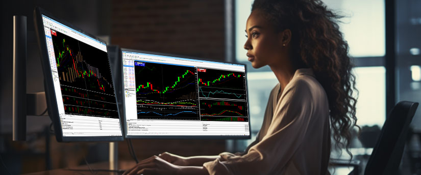 Uma mulher em uma mesa com dois monitores exibindo vários gráficos do mercado de ações e análises de dados.
