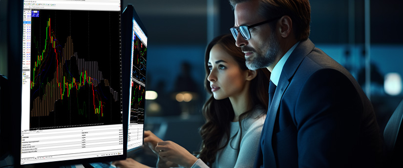 Deux personnes analysant un graphique de trading affiché sur un écran d’ordinateur, concentrées sur les tendances et les données du marché forex