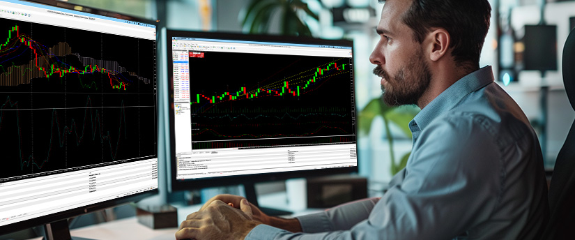 Un homme à un bureau avec deux écrans affichant divers indicateurs de trading d’analyse technique du forex.
