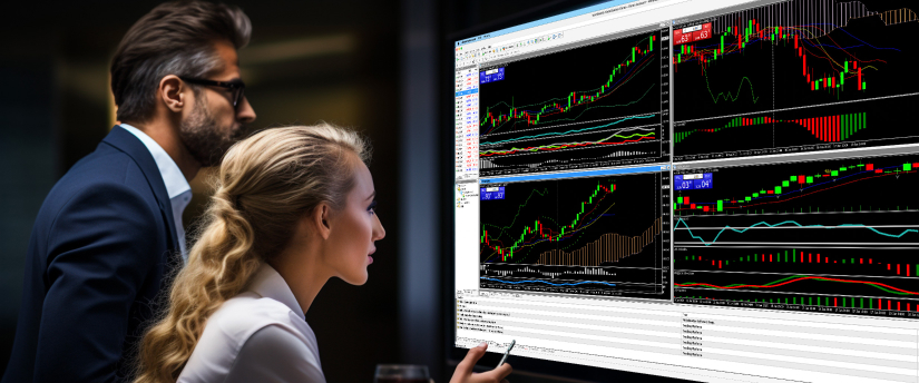 Un homme et une femme analysant ensemble des options de trading affichées sur un écran d’ordinateur.
