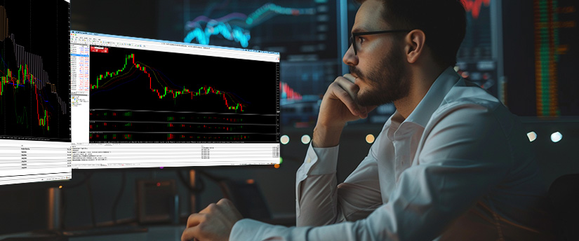 A man at a desk with two monitors displaying different forex stock market graphs.