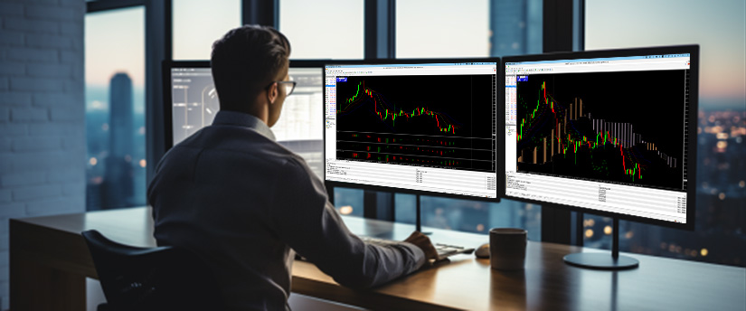 <p>Um homem sentado em uma mesa, concentrado em três monitores exibindo diferentes tendências e gráficos do mercado de ações.</p>