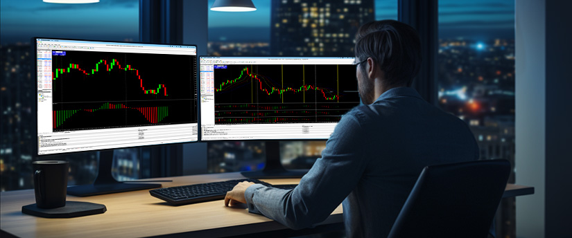 <p>Un hombre sentado en un escritorio, concentrado en dos monitores que muestran diferentes indicadores y gráficos de trading.</p>