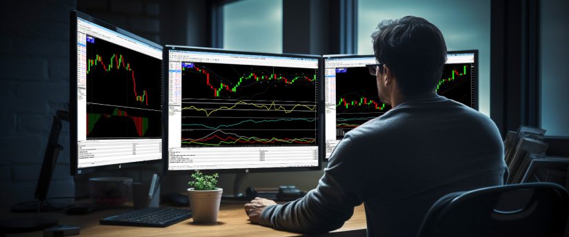 Um homem em uma mesa com três telas exibindo diversos indicadores de negociação em uma plataforma de trading.