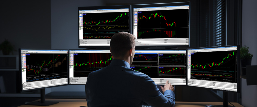 Un hombre sentado en un escritorio, rodeado de varias pantallas que muestran diversas opciones de trading en una plataforma de trading.