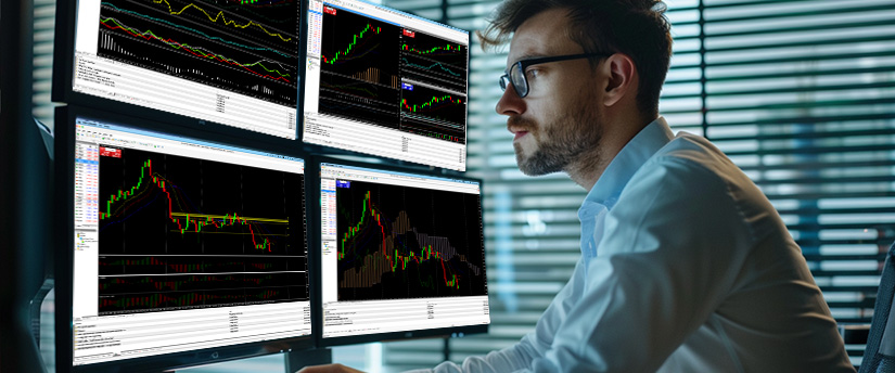 Man working at a desk closely monitoring multiple computer screens displaying trading charts and financial market analysis in a modern office environment