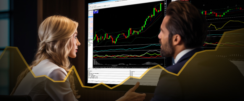 <p>Deux personnes analysant un écran affichant une ligne de tendance ascendante, indiquant une croissance ou un progrès positif.</p>